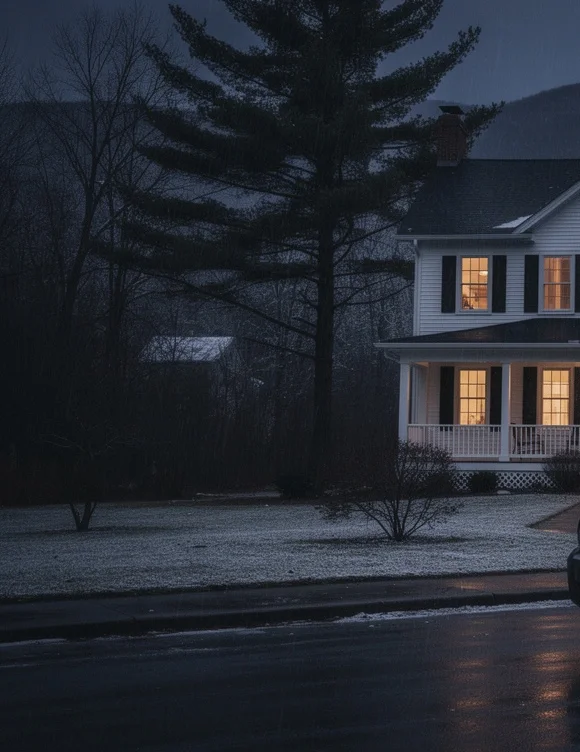 Warm-lit Maine colonial at dusk.